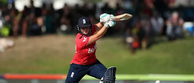 Alice Capsey of England plays a shot during the ICC Women's T20 World Cup group B match between Ireland and England at Boland Park on February 13, 2023 in Paarl, South Africa.