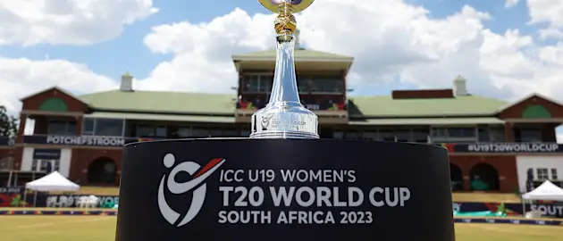 A general view of the trophy prior to the ICC Women's U19 T20 World Cup 2023 Final at JB Marks Oval on January 28, 2023 in Potchefstroom, South Africa.