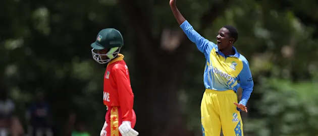 Geovanis Uwase of Rwanda celebrates the wicket of Tawana Marumani of Zimbabwe during the ICC Women's U19 T20 World Cup 2023 match between Zimbabwe and Rwanda at North-West University Oval on January 17, 2023 in Potchefstroom, South Africa.