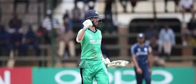 Andrew Balbirnie of Ireland acknowledges his century during The ICC Cricket World Cup Qualifier at Harare Sports Club on March 18, 2018 in Harare, Zimbabwe (©ICC).