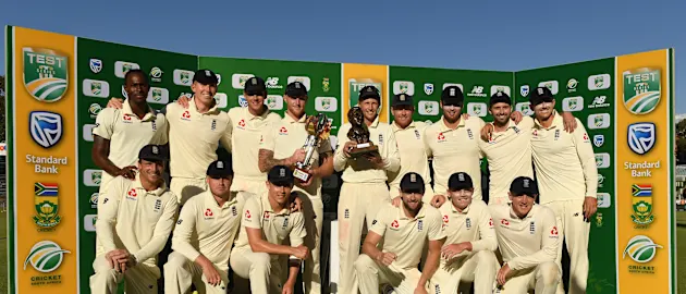 Joe Root and the England team with the series trophy after England won the Fourth Test at the Wanderers between England and South Africa on January 27, 2020 in Johannesburg, South Africa.