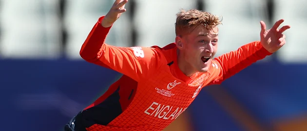 Lewis Goldsworthy of England celebrates bowling Ahan Sanchitha of Sri Lanka for LBW during the ICC U19 Cricket World Cup Plate Final match between Sri Lanka and England at Willowmoore Park on February 03, 2020 in Benoni, South Africa.