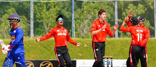 Hong Kong celebrate a wicket at the ICC Under-19 Men’s Cricket World Cup Asia Qualifier 2023 in UAE.