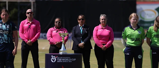 Umpires Candace la Borde, Lisa Mary McCabe and Wayne Knights pictured with Match Official Vanessa de Silva during the ICC Women's U19 T20 World Cup 2023 Super 6 match between and at JB Marks Oval on January 21, 2023 in Potchefstroom, South Africa.