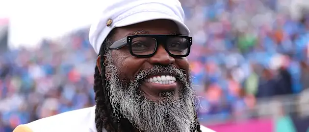 Former West Indies Cricketer Chris Gayle looks on prior to the ICC Men's T20 Cricket World Cup West Indies & USA 2024 match between India and Pakistan at Nassau County International Cricket Stadium on June 09, 2024 in New York, New York. 