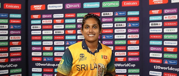 Chamari Athapaththu of Sri Lanka poses after being named Player of the Match following the ICC Women's T20 World Cup group A match between South Africa and Sri Lanka at Newlands Stadium on February 10, 2023 in Cape Town, South Africa.