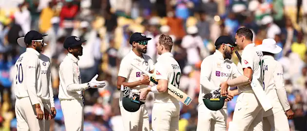 Players shake hands after India defeated Australia during day three of the First Test match in the series between India and Australia at Vidarbha Cricket Association Ground on February 11, 2023 in Nagpur, India.