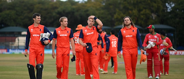 Scott Edwards, Bas de Leede, Max O'Dowd and Logan van Beek of Netherlands lead their side off following the ICC Men's Cricket World Cup Qualifier Zimbabwe 2023 Super 6 match between Netherlands and Oman at Harare Sports Club on July 03, 2023.
