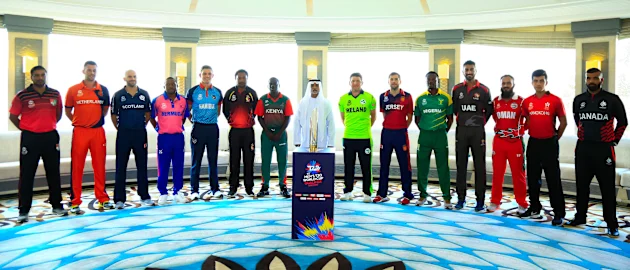 ICC Men’s T20 World Cup Qualifier Trophy with HE Sheikh Nahyan Mabarak Al Nahyan and the 14 Captains