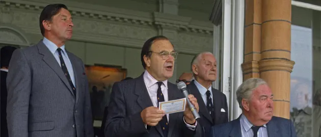 Post-match presentation by Hubert Doggart (centre) with (from left) Colonel John Stephenson, Gubby Allen and Denis Compton after the MCC Bicentenary Match between MCC and Rest of the World XI at Lord's Cricket Ground, London, 25th August 1987.