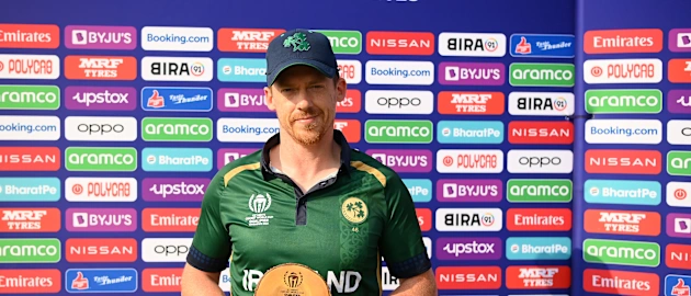 Craig Young of Ireland poses after being named Player of the Match following the ICC Men's Cricket World Cup Qualifier Zimbabwe 2023 Playoff match between Ireland and USA at Takashinga Cricket Club on June 30, 2023 in Harare, Zimbabwe.