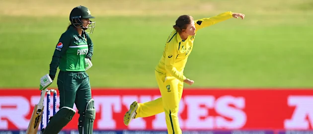 Jess Jonassen of Australia bowls during the 2022 ICC Women's Cricket World Cup match between Australia and Pakistan at Bay Oval on March 08, 2022 in Tauranga, New Zealand.