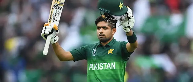 Babar Azam celebrates his maiden Cricket World Cup century.