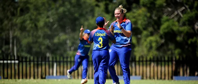 Namibian bowler Sune Wittmann celebrates