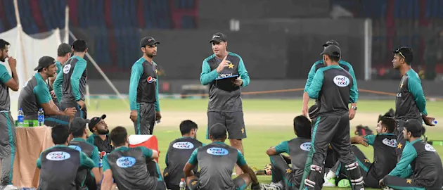 Mickey Arthur with the Pakistan players at Karachi's National Stadium in the lead up to the T20I series