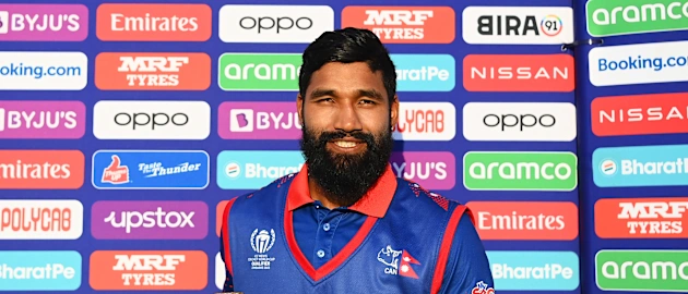 Dipendra Airee of Nepal poses for a photo while holding the Player of the Match award after the team's victory in the ICC Men's Cricket World Cup Qualifier Zimbabwe 2023 Playoff match between Nepal and United Arab Emirates on July 02, 2023.
