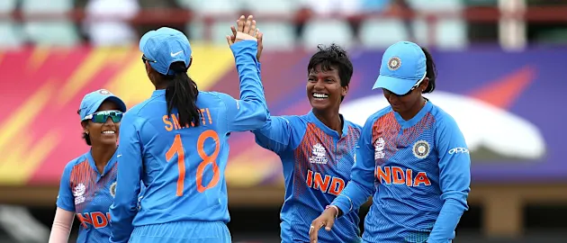 Deepti Sharma of India celebrates her wicket with team mates during the ICC Women's World T20 2018 match between India and Ireland at Guyana National Stadium on November 15, 2018 in Providence, Guyana.