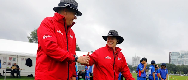 Umpires take to the field, 9th Match, Group B, ICC Women's World Twenty20 Qualifier at Utrecht, Jul 10th 2018.