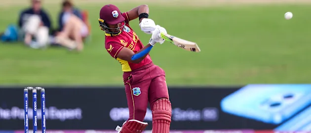 Hayley Matthews of the West Indies bats during the 2022 ICC Women's Cricket World Cup match between New Zealand and the West Indies at Bay Oval on March 04, 2022 in Tauranga, New Zealand.