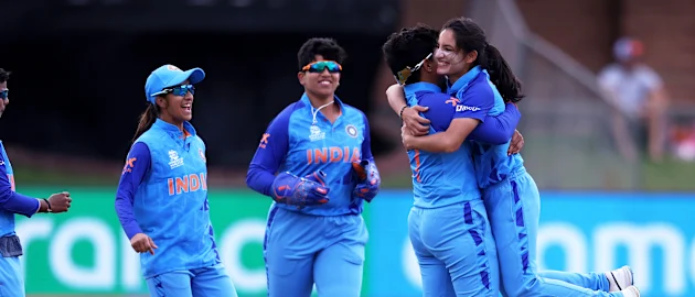 Renuka Thakur of India celebrates the wicket of Orla Prendergast of Ireland during the ICC Women's T20 World Cup group B match between India and Ireland at St George's Park on February 20, 2023 in Gqeberha, South Africa.
