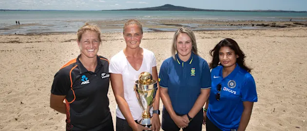 Cricketers Sophie Devine, Suzie Bates, Dane van Niekerk and Mithali Raj pose together at Auckland’s Kohimarama Beach as part of the ICC Women’s World Cup 2021 Host City Announcement event on Thursday.
