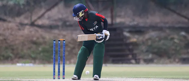 Queentor Aoko Abel of Kenya bowled out by Winifred Duraisingam
