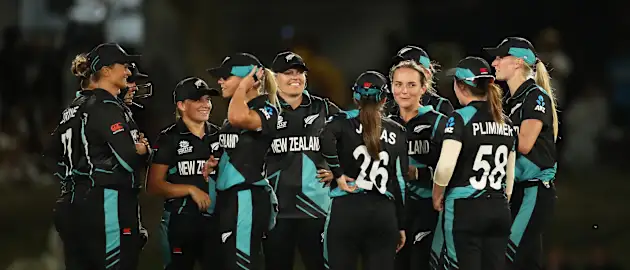 Amelia Kerr of New Zealand celebrates the wicket of Chamari Athapaththu of Sri Lanka during the ICC Women's T20 World Cup group A match between New Zealand and Sri Lanka at Boland Park on February 19, 2023 in Paarl, South Africa.