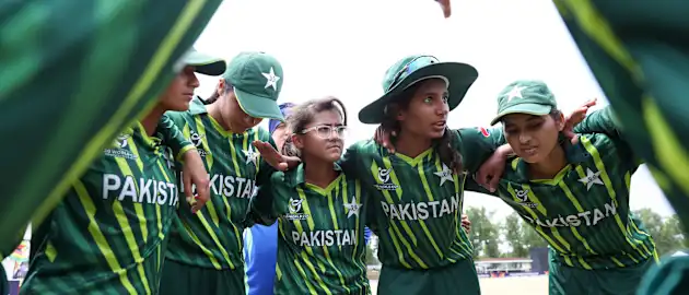Aroob Shah of Pakistan speaks to their side in the huddle during the ICC Women's U19 T20 World Cup 2023 match between Zimbabwe and Pakistan at North-West University Oval on January 19, 2023 in Potchefstroom, South Africa.