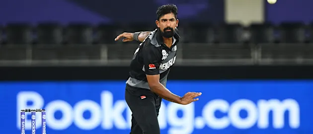 Ish Sodhi of New Zealand bowls during the ICC Men's T20 World Cup match between India and NZ at Dubai International Stadium on October 31, 2021 in Dubai, United Arab Emirates.