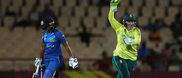 Lizelle Lee of South Africa celebrates catching Oshadi Ranasinghe of Sri Lanka off the bowing of Dane van Niekerk of South Africa during the ICC Women's World T20 2018 match between Sri Lanka and South Africa at Darren Sammy Cricket Ground.