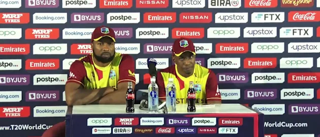 Post-Match-PC-Kieron-Pollard-Dwayne-Bravo--West Indies-06-11-21_Moment