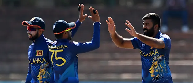 Lahiru Kumara of Sri Lanka celebrates the wicket of Vikram Singh of Netherlands during the ICC Men's Cricket World Cup Qualifier Zimbabwe 2023 Super 6 match between Sri Lanka and Netherlands at Queen’s Sports Club on June 30, 2023 in Bulawayo, Zimbabwe.