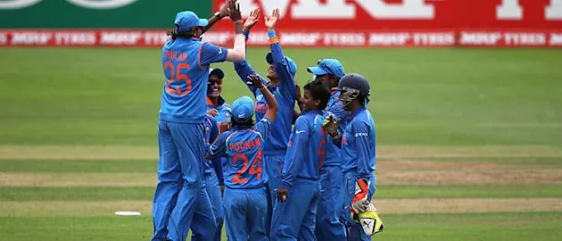 Indian players celebrate the wicket of Stafanie Taylor of West Indies during the ICC Women's World Cup 2017 match between West Indies and India