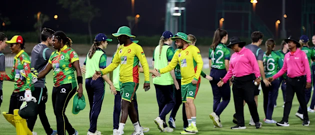 Players of Ireland shake hands with players of Vanuatu after the ICC Women's T20 World Cup Qualifier 2024 match between Vanuatu and Ireland at Tolerance Oval on May 01, 2024 in Abu Dhabi, United Arab Emirates.