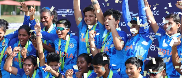 Shafali Verma of India lifts the ICC Women's U19 T20 World Cup Trophy following the ICC Women's U19 T20 World Cup 2023 Final match between India and England at JB Marks Oval on January 29, 2023 in Potchefstroom, South Africa.