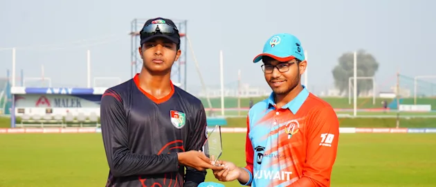 Singapore and Kuwait captains at the toss in the clash between the teams at the ICC U19 Men's CWC Asia Division 1 Qualifier 2023