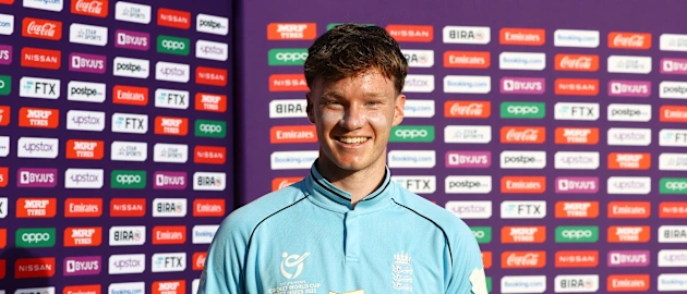 Tom Prest of England poses after being named Player of the Match following the ICC U19 Men's Cricket World Cup match between England and Canada at Warner Park Sporting Complex on January 18, 2022 in Basseterre, Saint Kitts and Nevis.