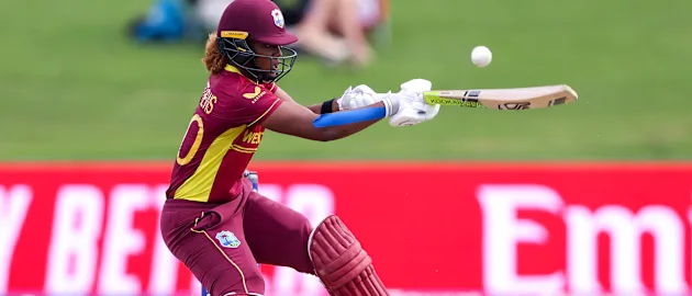 Hayley Matthews of the West Indies bats during the 2022 ICC Women's Cricket World Cup match between New Zealand and the West Indies at Bay Oval on March 04, 2022 in Tauranga, New Zealand.