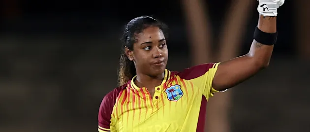 Hayley Matthews of the West Indies celebrates scoring a century during game two of the T20 International series between Australia and the West Indies