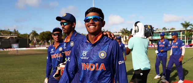Yash Dhull of India celebrates following the ICC U19 Men's Cricket World Cup Super League Semi Final 2 match between India and Australia at Coolidge Cricket Ground on February 02, 2022 in Antigua, Antigua and Barbuda.