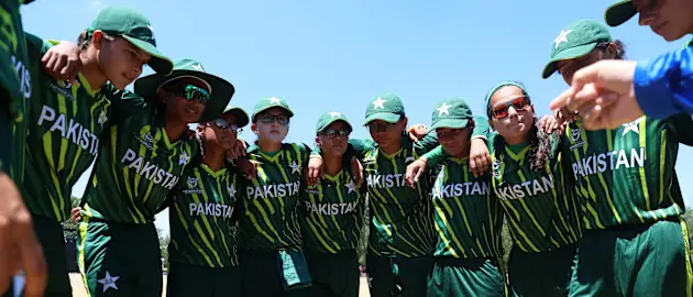 Players of Pakistan huddle during the ICC Women's U19 T20 World Cup 2023 Super 6 match between Pakistan and Ireland at North-West University Oval on January 23, 2023 in Potchefstroom, South Africa.