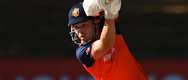 Bas de Leede of Netherlands plays a shot during the ICC Men's Cricket World Cup Qualifier Zimbabwe 2023 Super 6 match between Scotland and Netherlands (2)