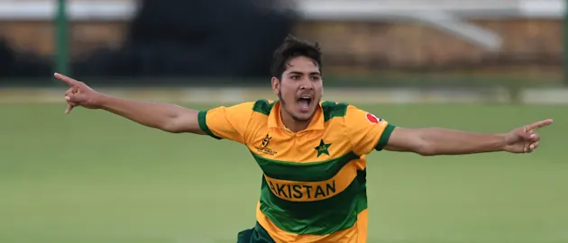 Amir Khan of Pakistan celebrates the wicket of Tanzid Hasan of Bangladesh during the ICC U19 Cricket World Cup Group C match between Pakistan and Bangladesh at JB Marks Oval on January 24, 2020 in Potchefstroom, South Africa.
