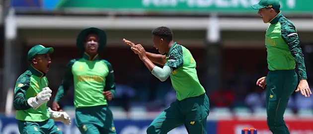 Achille Cloete of South Africa celebrates the wicket of Farhan Zakhail of Afghanistan during the ICC U19 Cricket World Cup Group D match between South Africa and Afghanistan at De Beers Diamond Oval on January 17, 2020 in Kimberley, South Africa.
