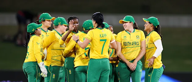 South Africa celebrate the win during the 2022 ICC Women's Cricket World Cup match between Pakistan and South Africa at Bay Oval on March 11, 2022 in Tauranga, New Zealand.