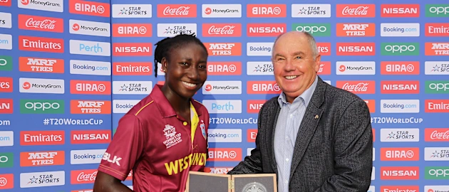 Stafanie Taylor of the West Indies poses with the Player of the Match award after the ICC Women's T20 Cricket World Cup match between the West Indies and Thailand at WACA on February 22, 2020 in Perth, Australia.