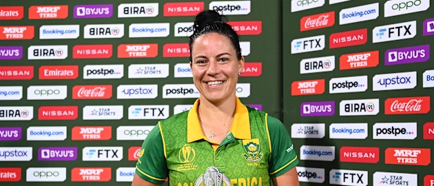 Marizanne Kapp of South Africa poses with the Player of the Match award after the 2022 ICC Women's Cricket World Cup match between South Africa and England at Bay Oval on March 14, 2022 in Tauranga, New Zealand.