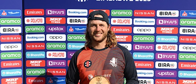 Max O'Dowd of the Netherlands poses after being named Player of the Match following the ICC Men's Cricket World Cup Qualifier Zimbabwe 2023 match between the Netherlands and Nepal at Takashinga Cricket Club on June 24, 2023 in Harare, Zimbabwe.