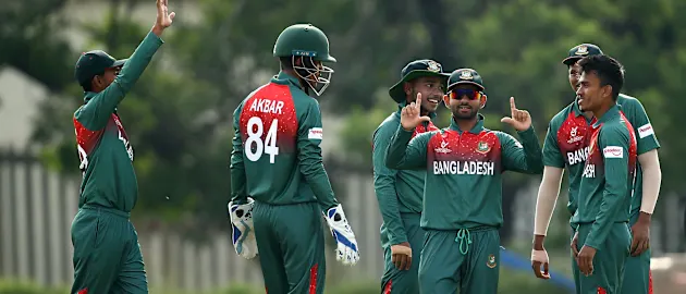 Bangladesh players celebrate a wicket during the ICC U19 Cricket World Cup warm up match between Bangladesh and Australia at Tuks Cricket Oval on January 13, 2020 in Pretoria, South Africa.