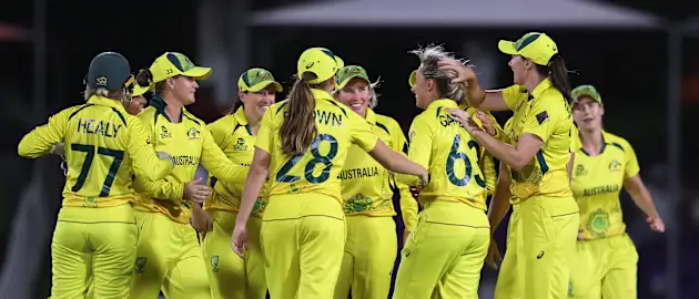 Ashleigh Gardner of Australia celebrates the wicket of Eden Carson of New Zealand for their fifth wicket during the ICC Women's T20 World Cup group A match between Australia and New Zealand at Boland Park on February 11, 2023 in Paarl, South Africa.